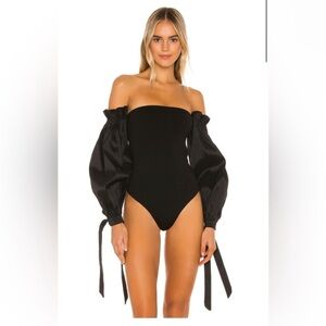 MAJORELLE Bliss Bodysuit - Black Off-Shoulder Puff Tie Sleeve